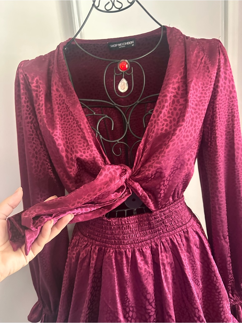 Tie-Front Ruffled Mini Dress in Deep Wine - Picture 3 of 6